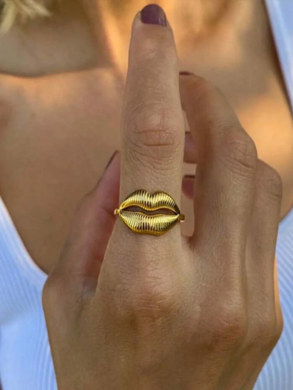 Gold Lip-Shaped Statement Open Ring - adjustable